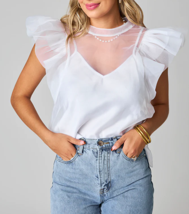 Buddy Love Kaycee Organza Ruffle Sleeve Top White XS
