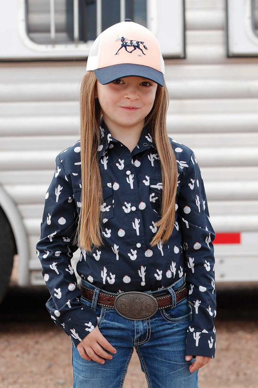 Cruel Girl Long Sleeve Navy Cactus Print Western Snap Shirt