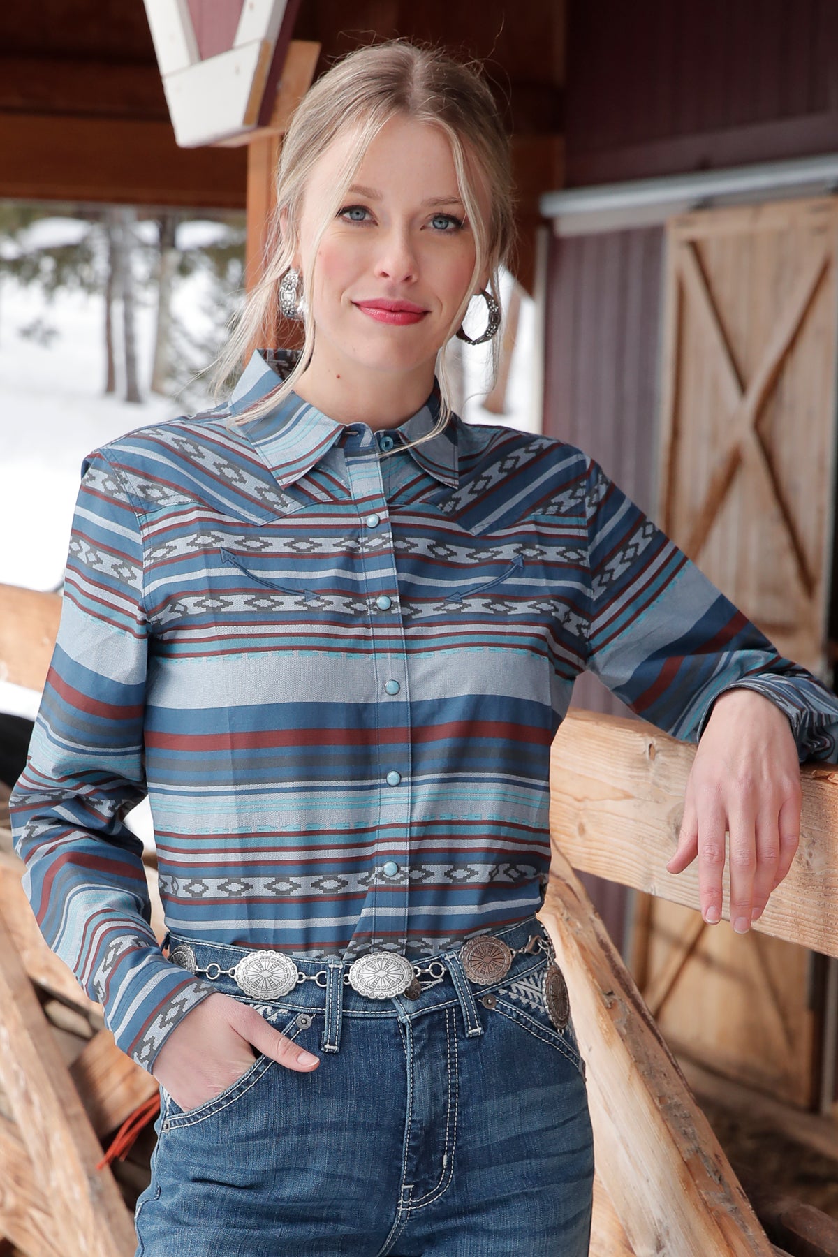 Cruel Girl Navy Blanket Stripe Snap Front Shirt