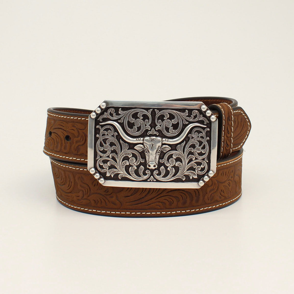 3D Floral Embossed Longhorn Buckle Brown Belt