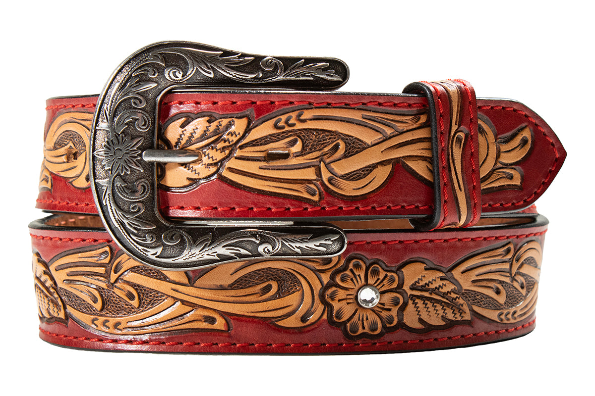 Angel Ranch 1 1/2" Red Floral Tooling with Crystal Accent Belt