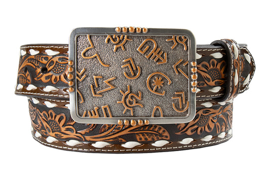 Angel Ranch 1 1/2" Brown Floral Embossed Belt with Brand Buckle