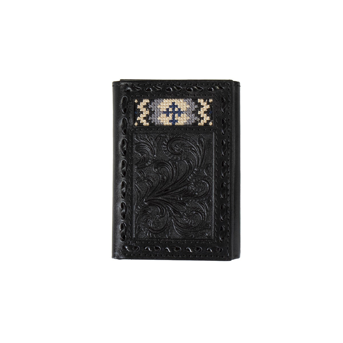 3D Black Floral Leather Embroidered Cross Trifold Wallet