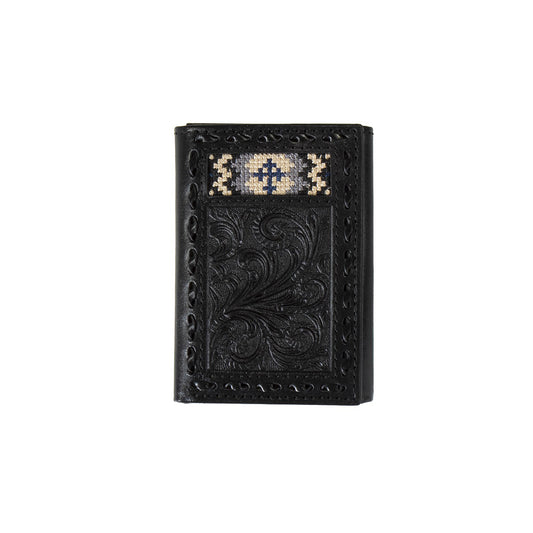3D Black Floral Leather Embroidered Cross Trifold Wallet