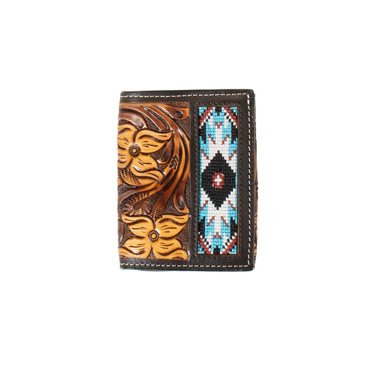 3D Brown Hand Tooled Floral Embroidered Inlay Trifold Wallet