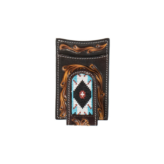 3D Brown Hand Tooled Floral Embroidered Inlay Money Clip