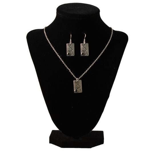 Silver Strike Black Stone Ace of Clubs Earring and Necklace Set