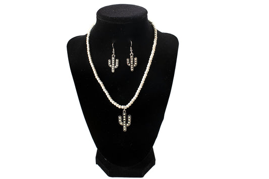 Silver Strike White Beaded Cactus Earring and Necklace Set