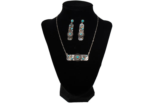 Silver Strike Turquoise Metal Flower Necklace and Earring Set