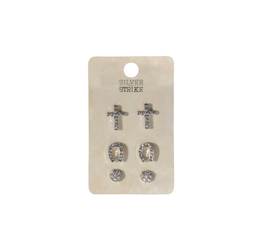 Silver Strike Ladies 3 Pair Studded Silver Earring Set