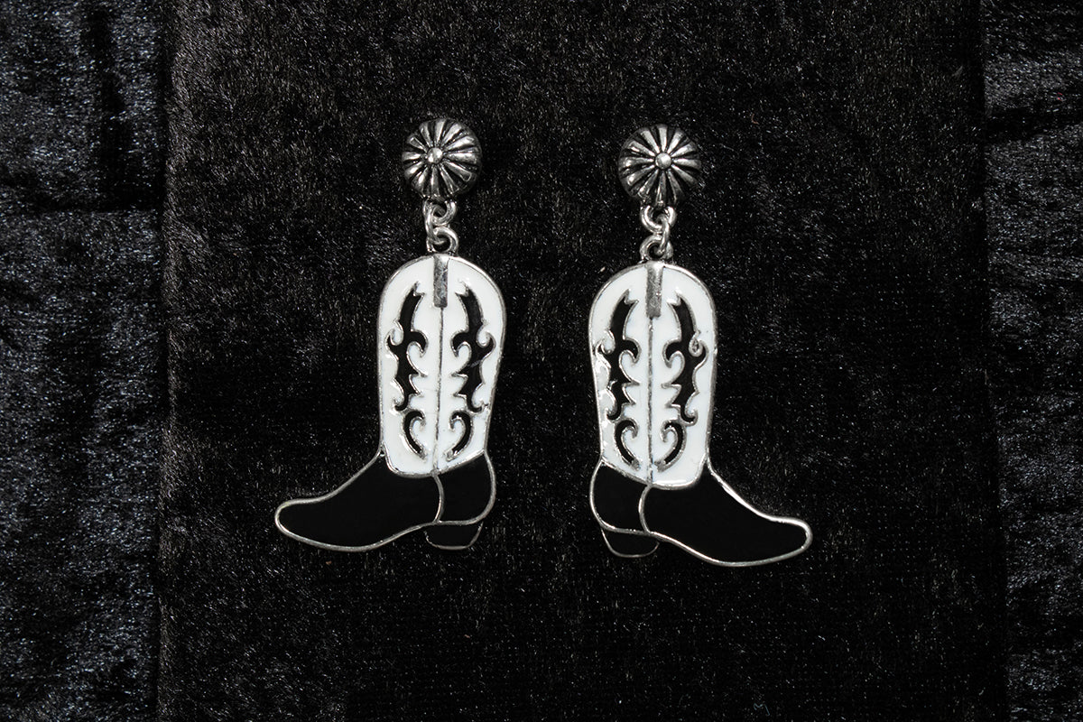 Silver Strike Black & White Cowboy Boot Earrings