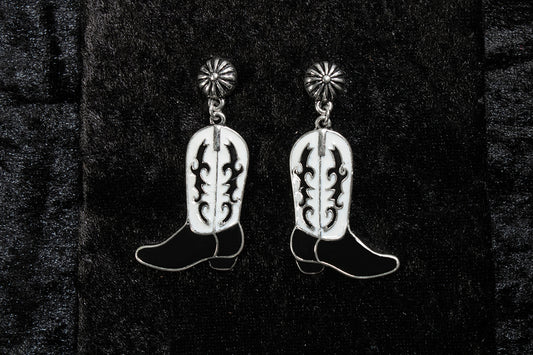 Silver Strike Black & White Cowboy Boot Earrings