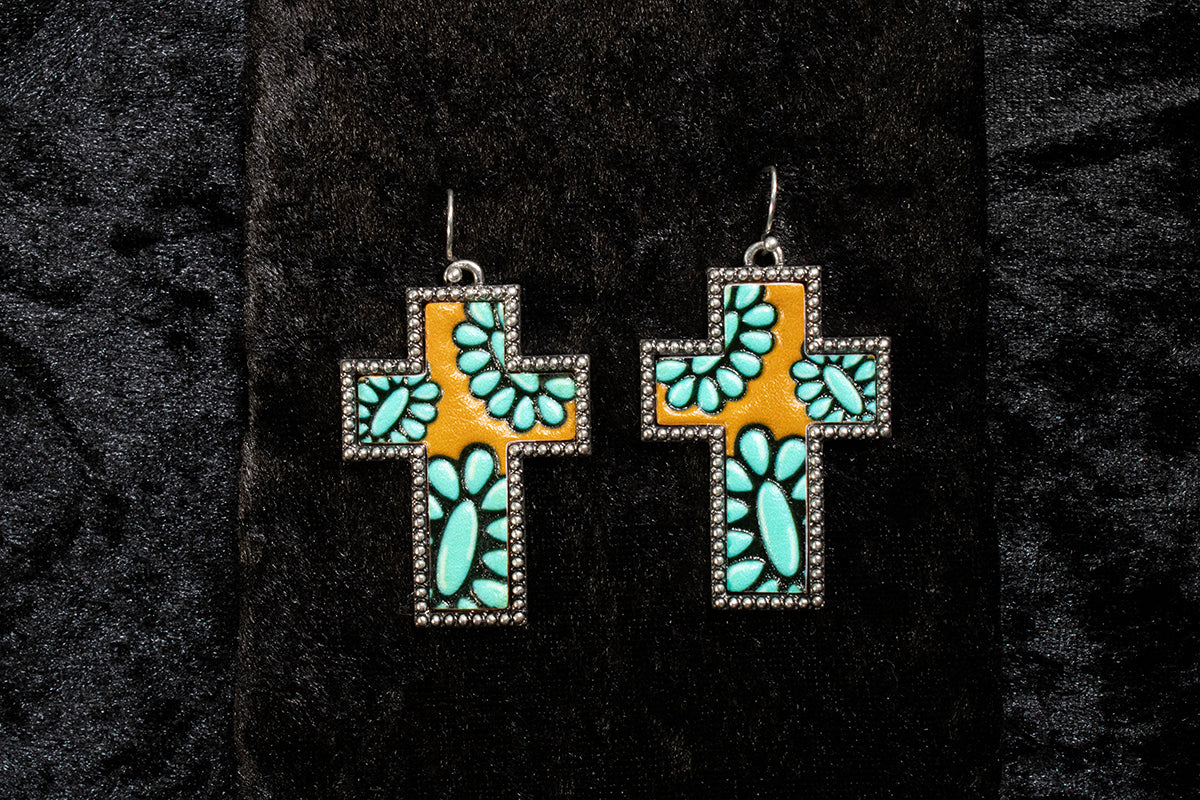 Silver Strike Leather Inlay Cross Earrings