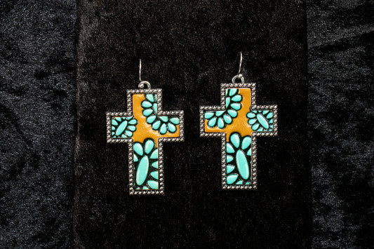 Silver Strike Leather Inlay Cross Earrings