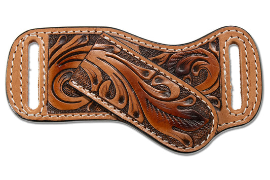 3D Tan Hand Tooled Feather Pancake Style Knife Sheath