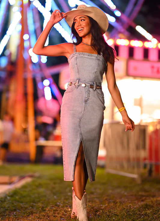 Rock & Roll Detachable Strap Denim Midi Dress