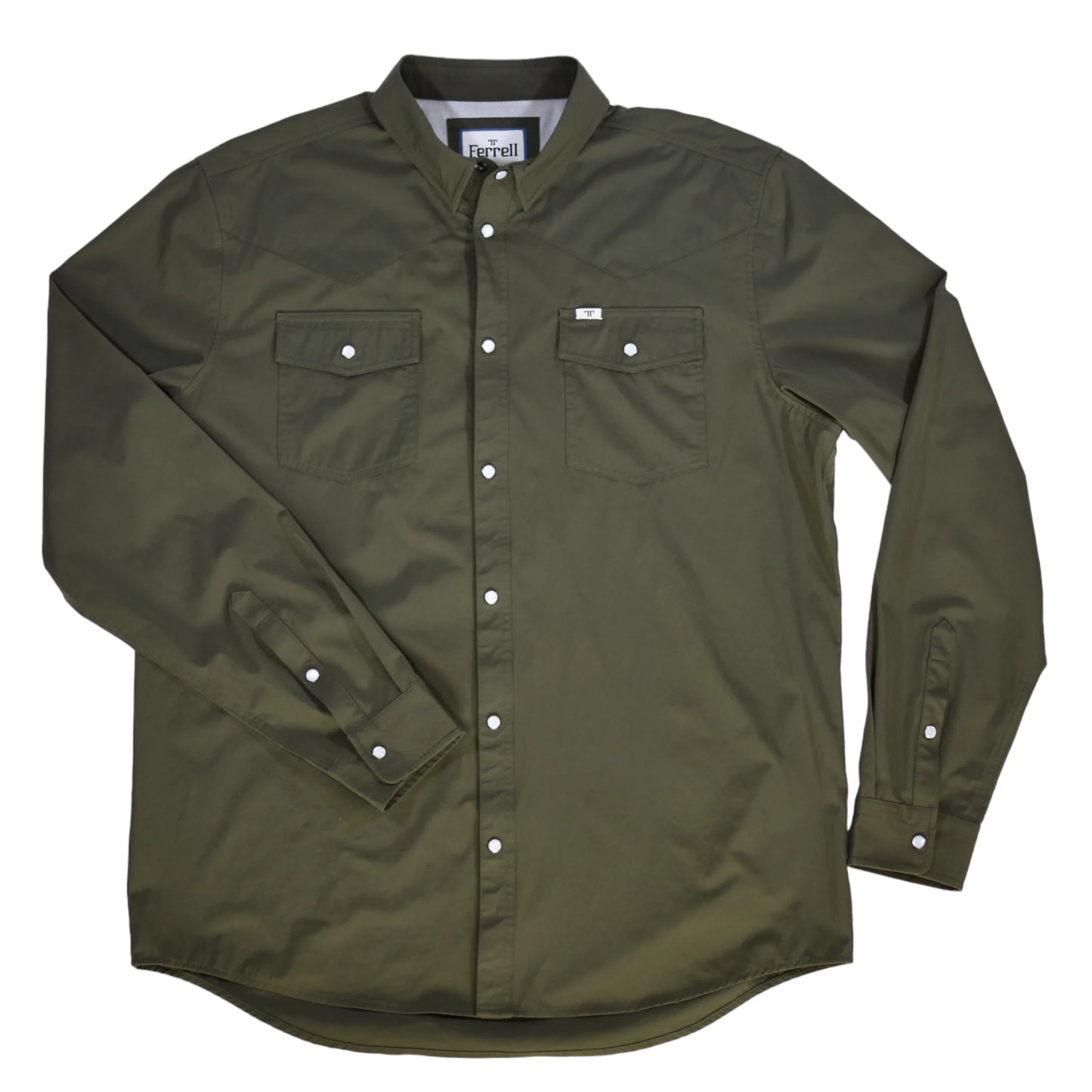 Ferrell Men's Olive Green Long Sleeve Snap Shirt