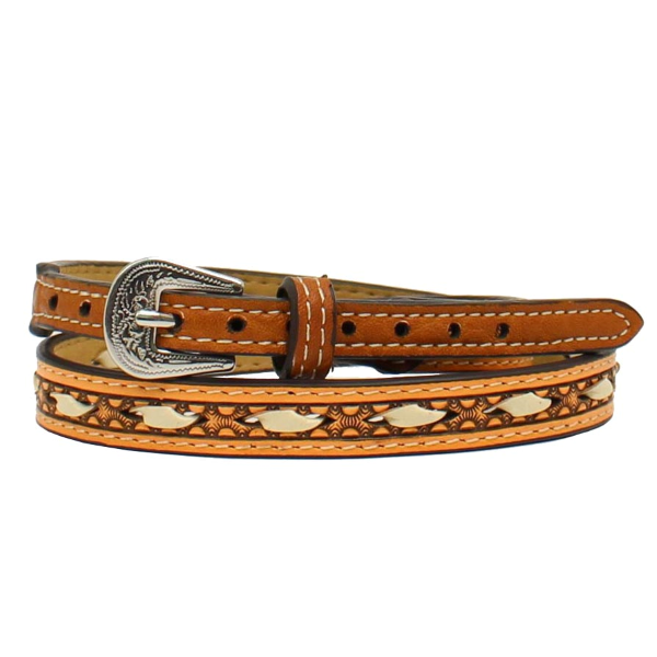 Tan Tooled Leather Hat Band with Ivory Rawhide Laced Center