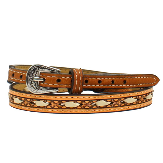 Tan Tooled Leather Hat Band with Ivory Rawhide Laced Center
