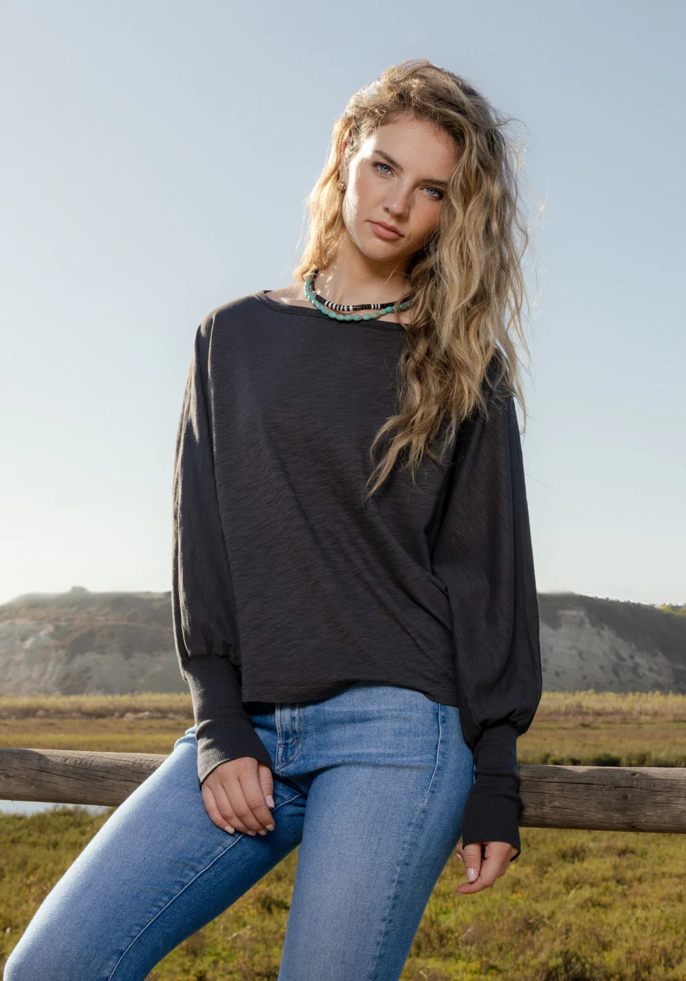 Dylan Dolman Slub Tee in Charcoal