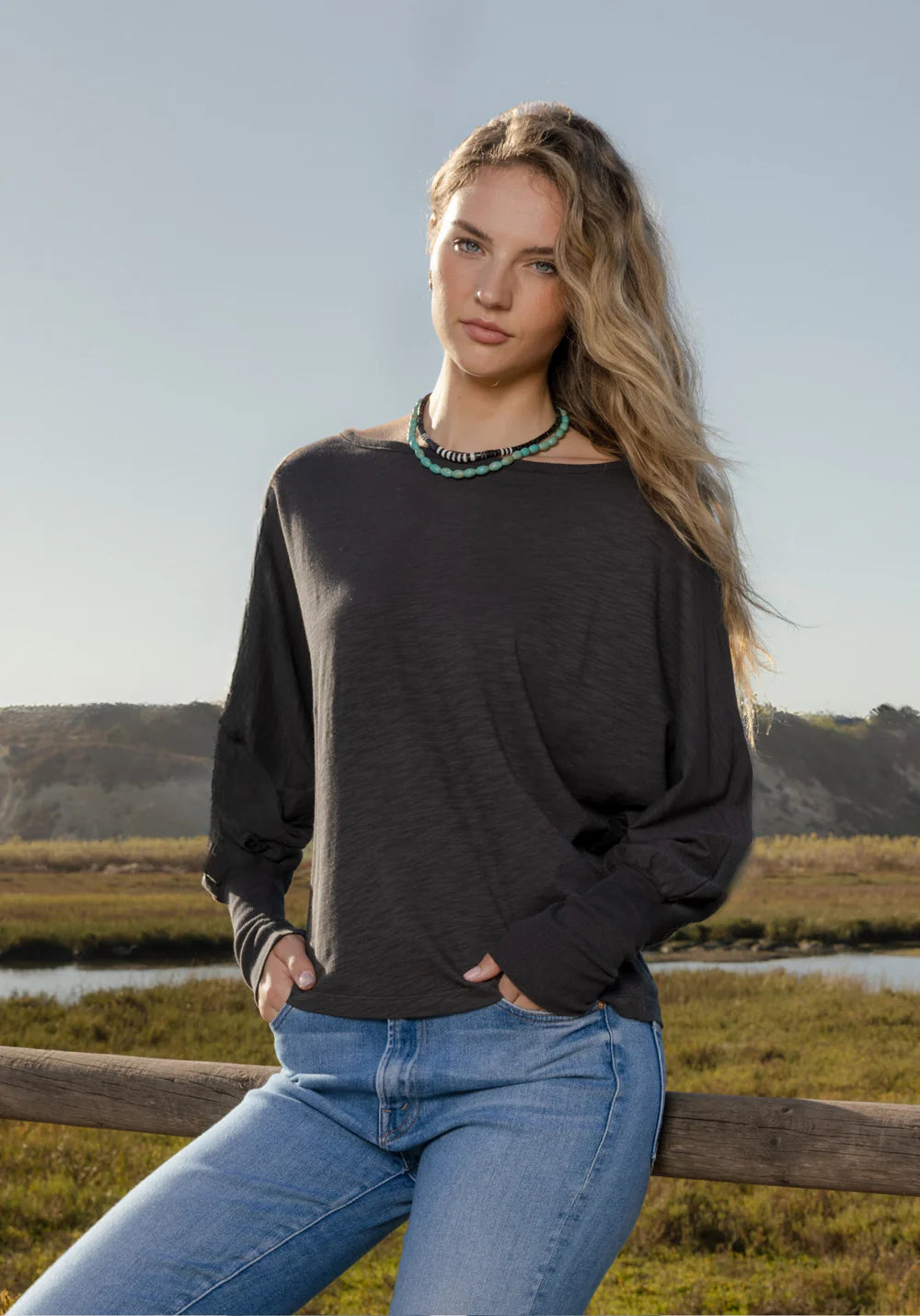 Dylan Dolman Slub Tee in Charcoal
