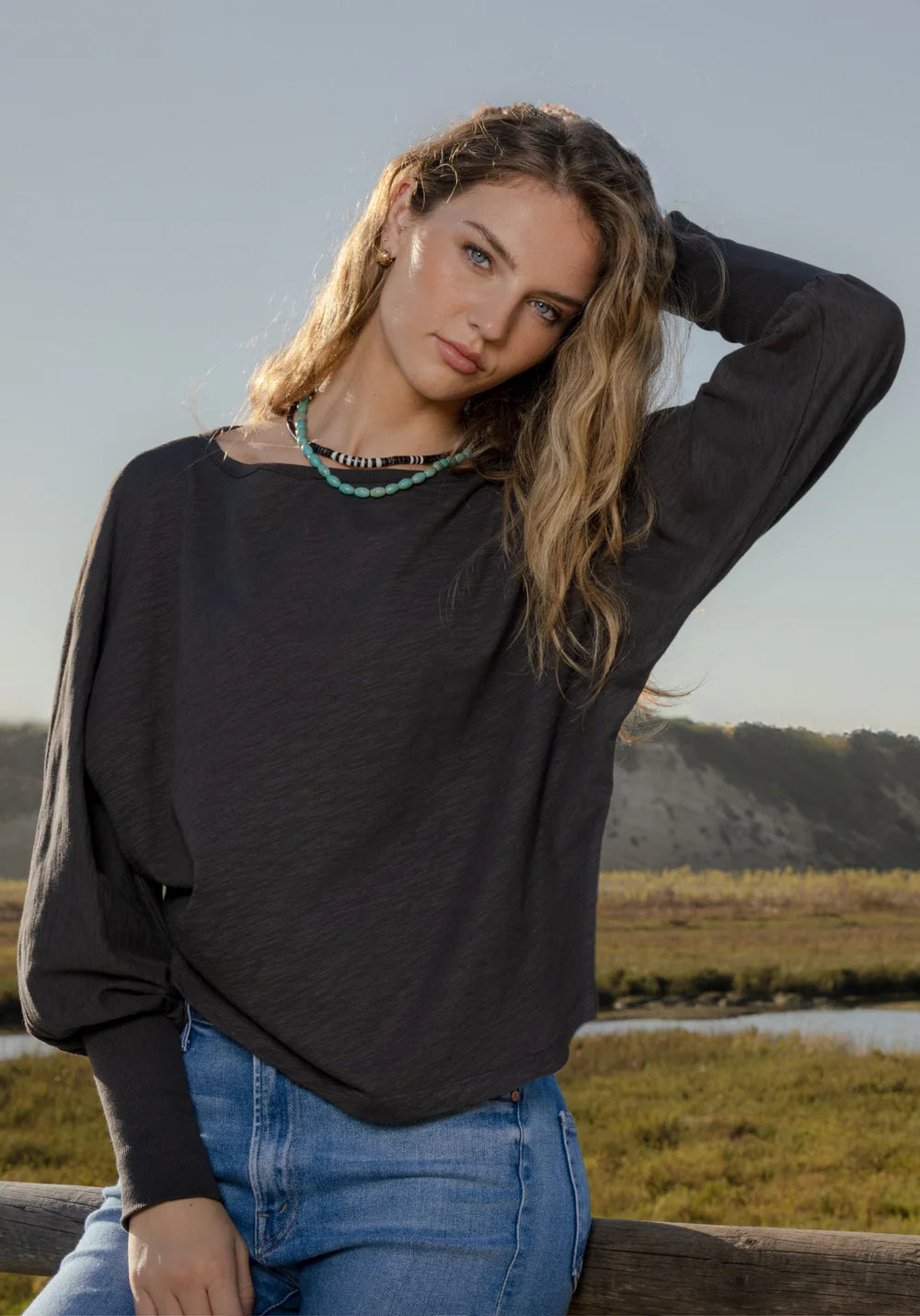 Dylan Dolman Slub Tee in Charcoal