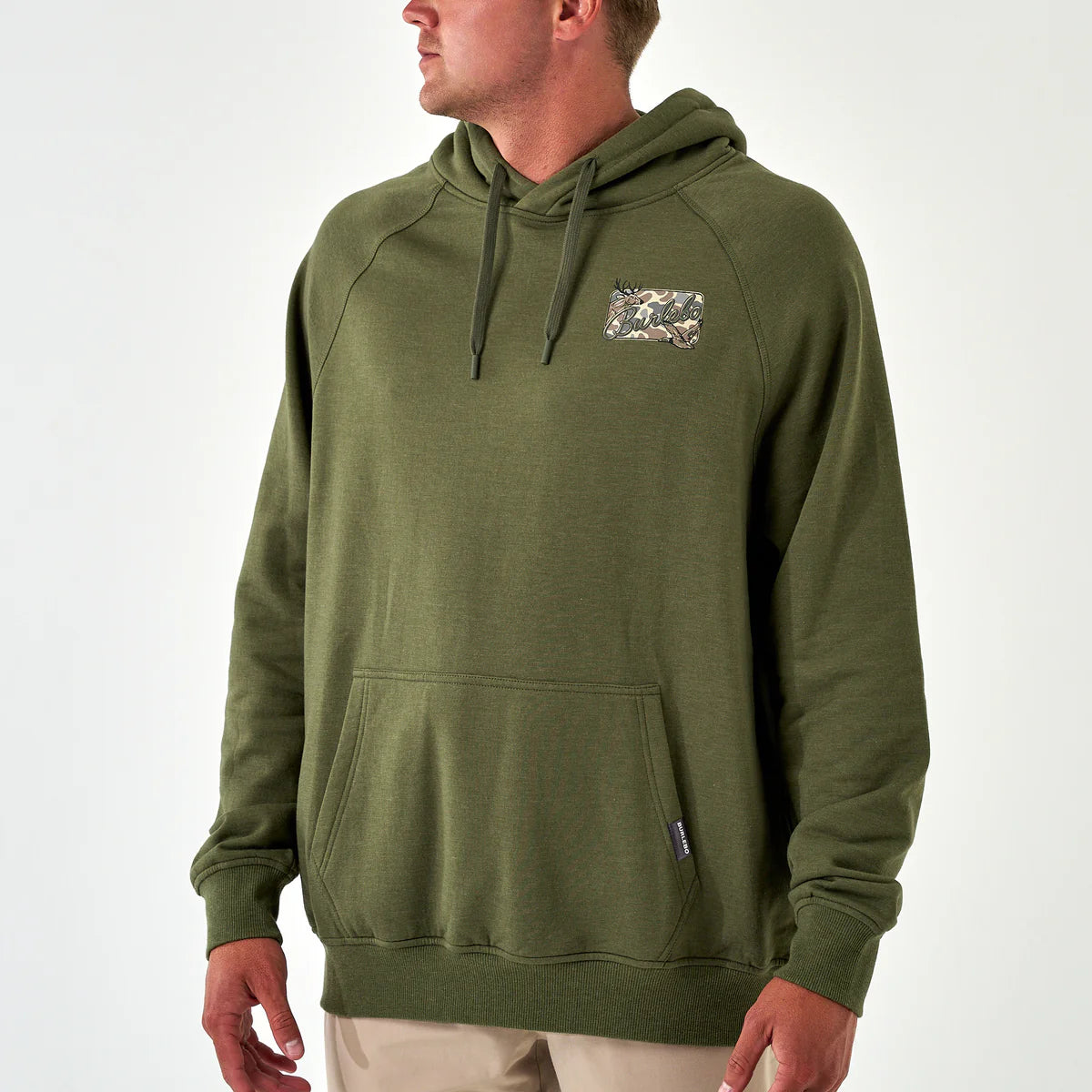 Burlebo Deer Camo Patch Logo Fleece Hoodie in Olive