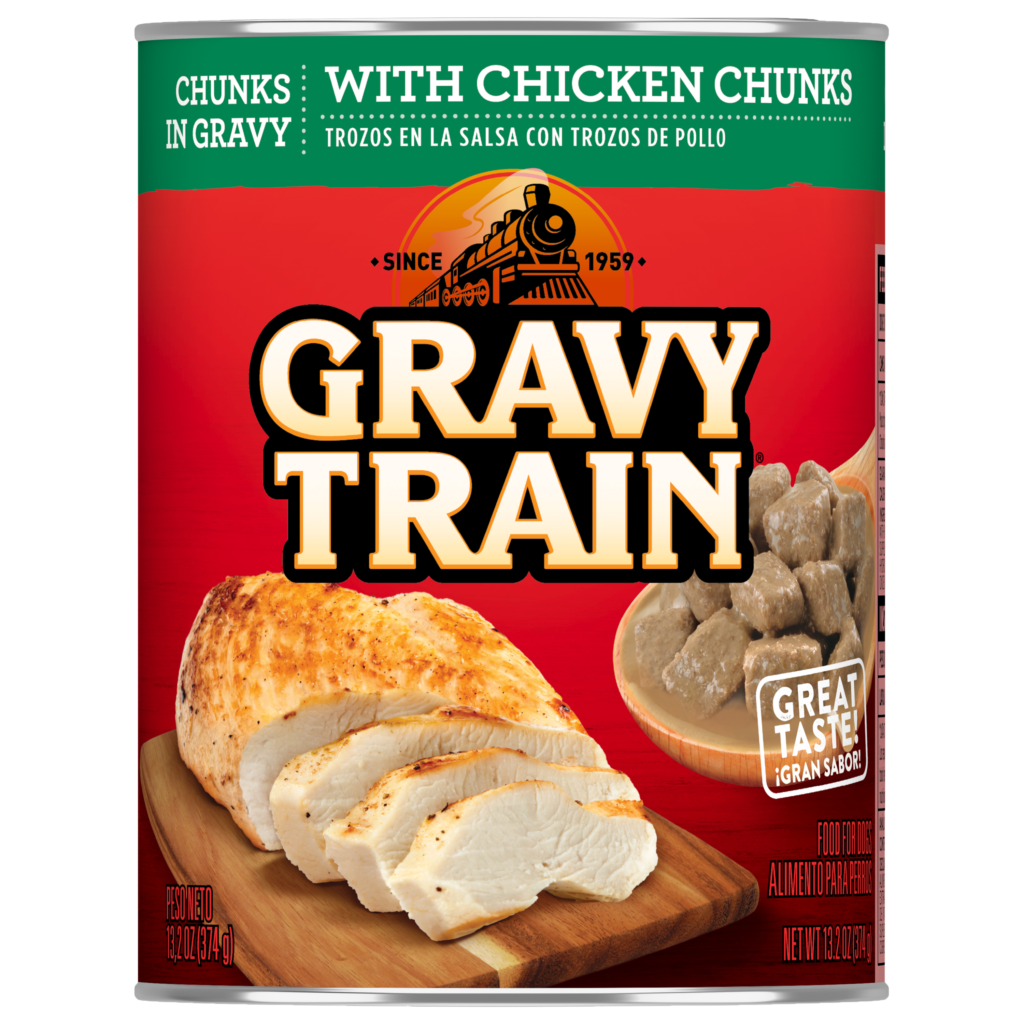 Can of Gravy Train with chicken chunks in gravy dog food on a white background