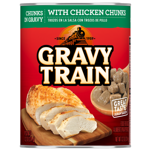 Can of Gravy Train with chicken chunks in gravy dog food on a white background