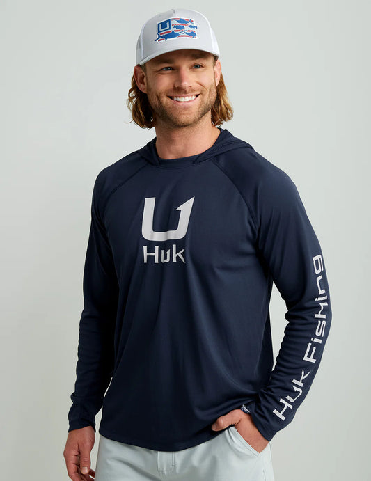 Huk Trophy Flag Trucker Hat in Harbor Mist
