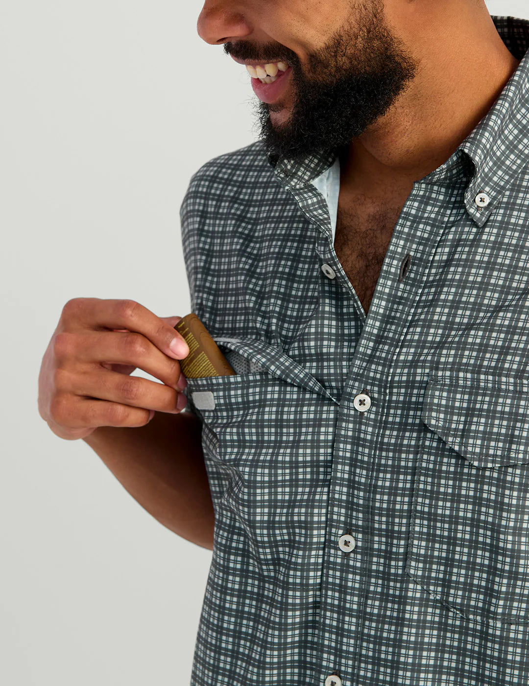 Huk Tide Point Short Sleeve Button-Down in Harbor Mist Mini Plaid