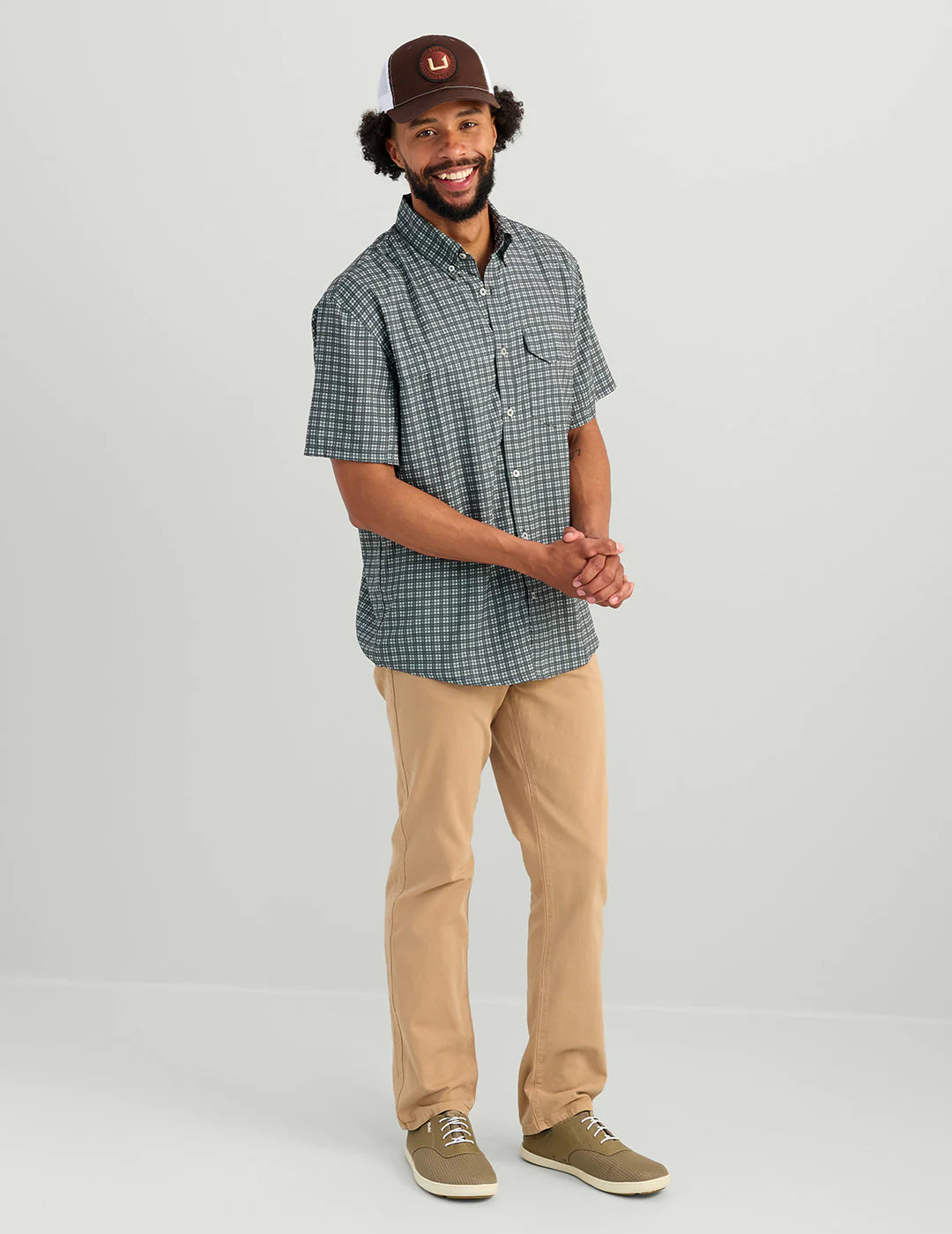 Huk Tide Point Short Sleeve Button-Down in Harbor Mist Mini Plaid