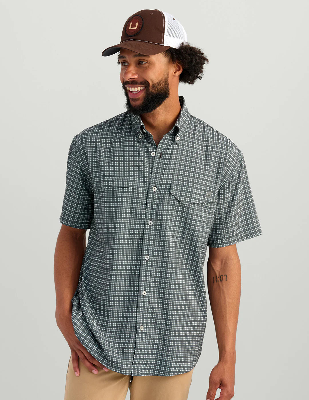 Huk Tide Point Short Sleeve Button-Down in Harbor Mist Mini Plaid