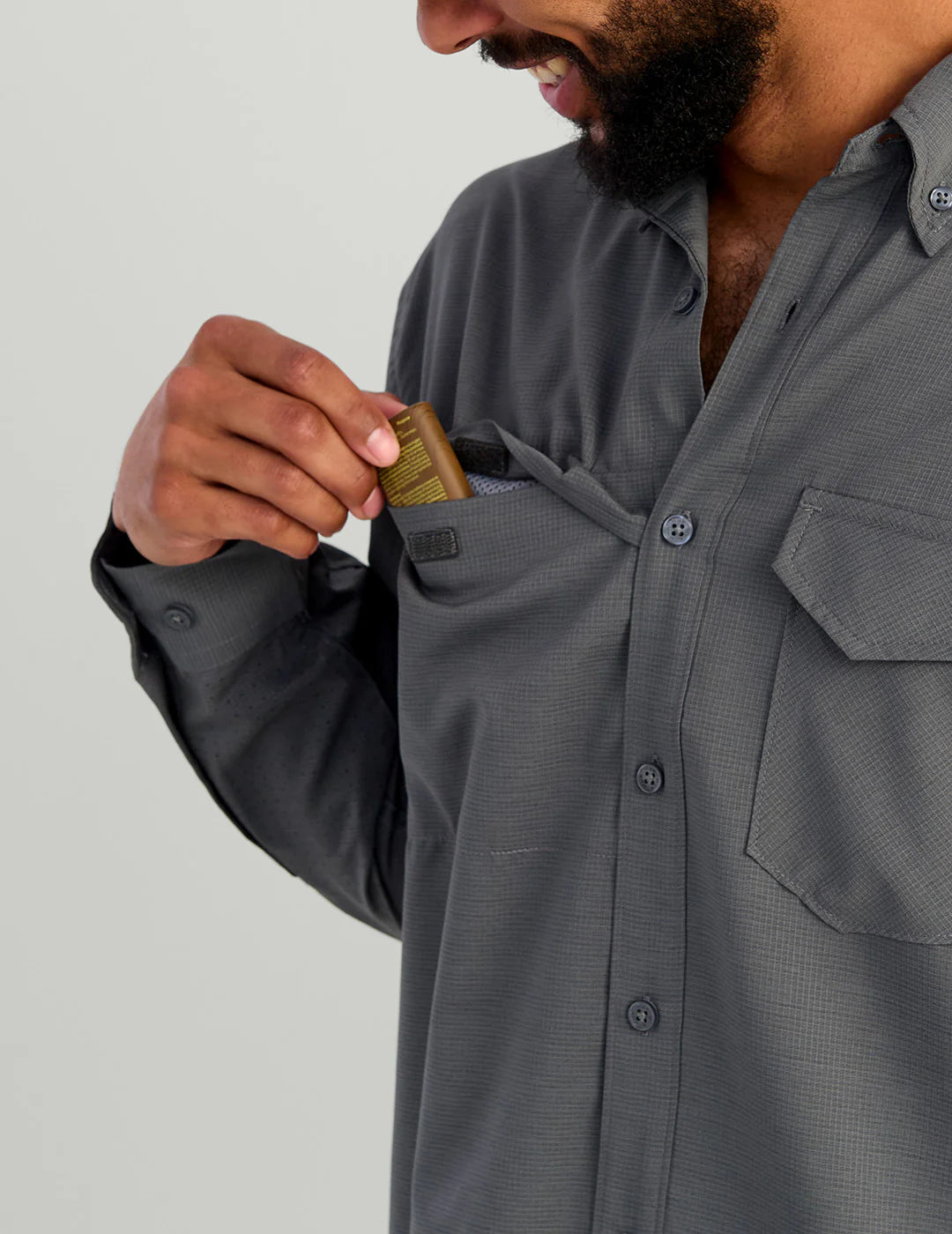 Huk Tide Point Heathered Ripstop Button-Down in Black Heather