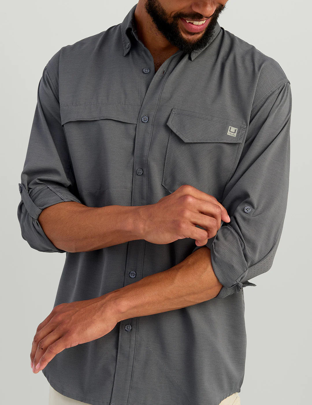 Huk Tide Point Heathered Ripstop Button-Down in Black Heather