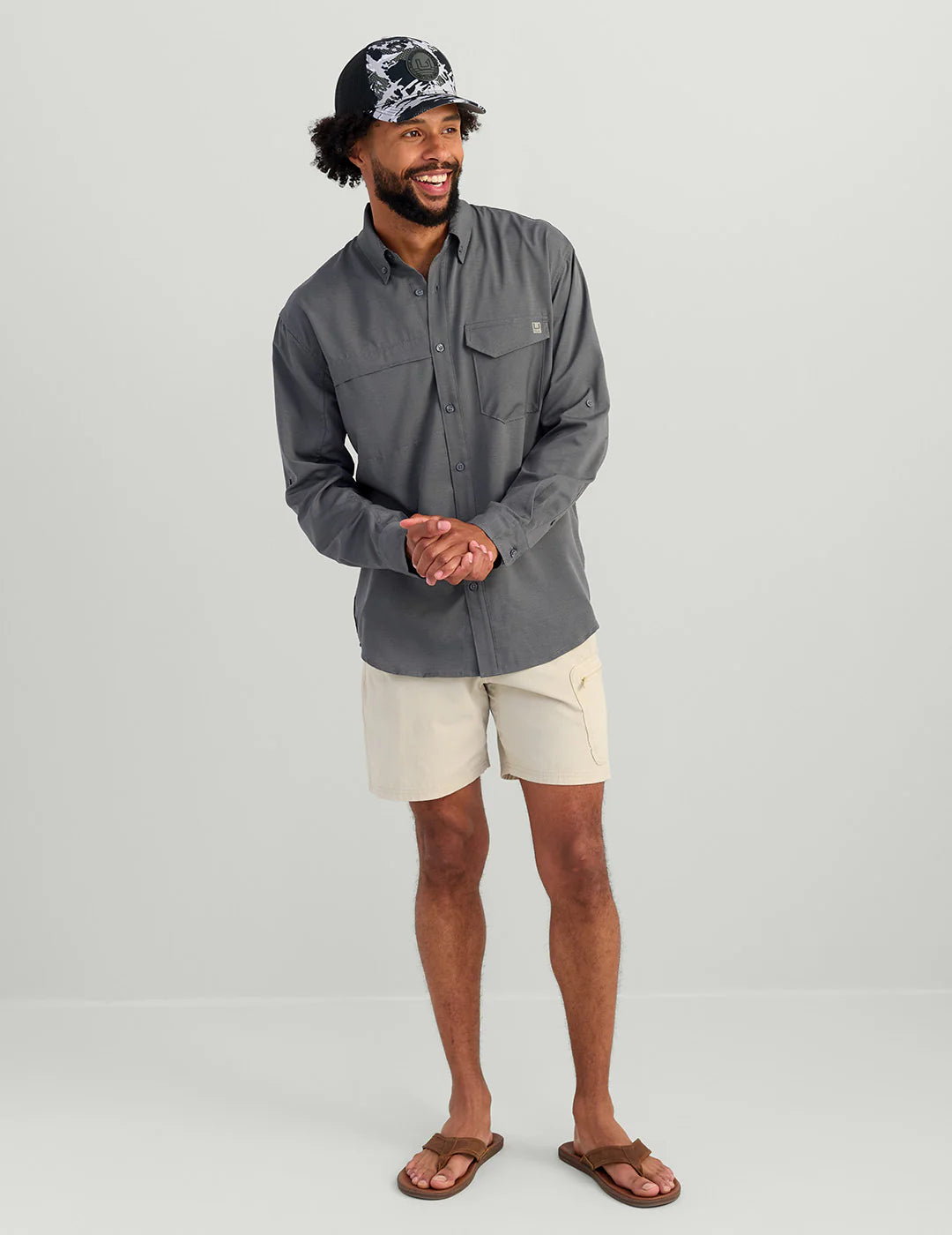 Huk Tide Point Heathered Ripstop Button-Down in Black Heather