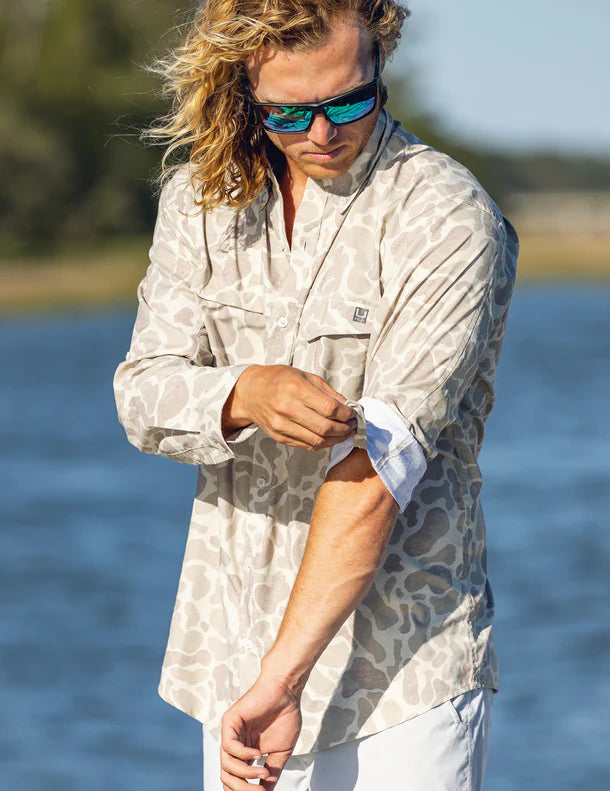 Huk KC Print Tide Point Button-Down in Sand Camo