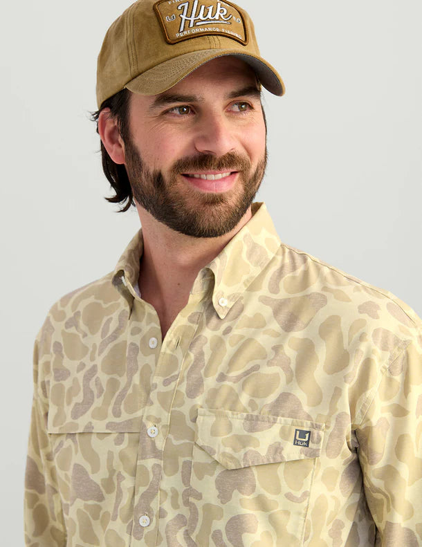 Huk KC Print Tide Point Button-Down in Sand Camo