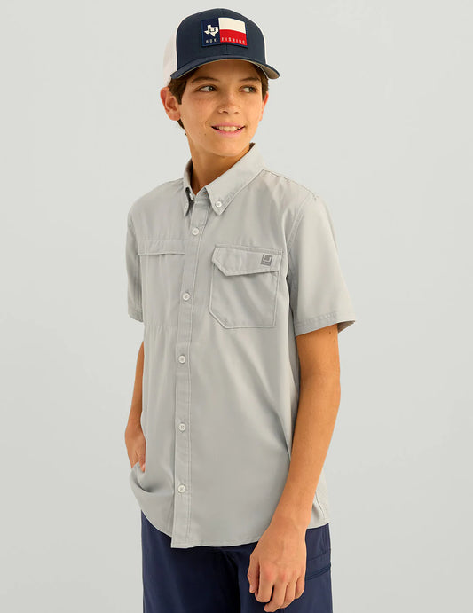 Huk Kids Tide Point Short Sleeve Button Down in Harbor Mist