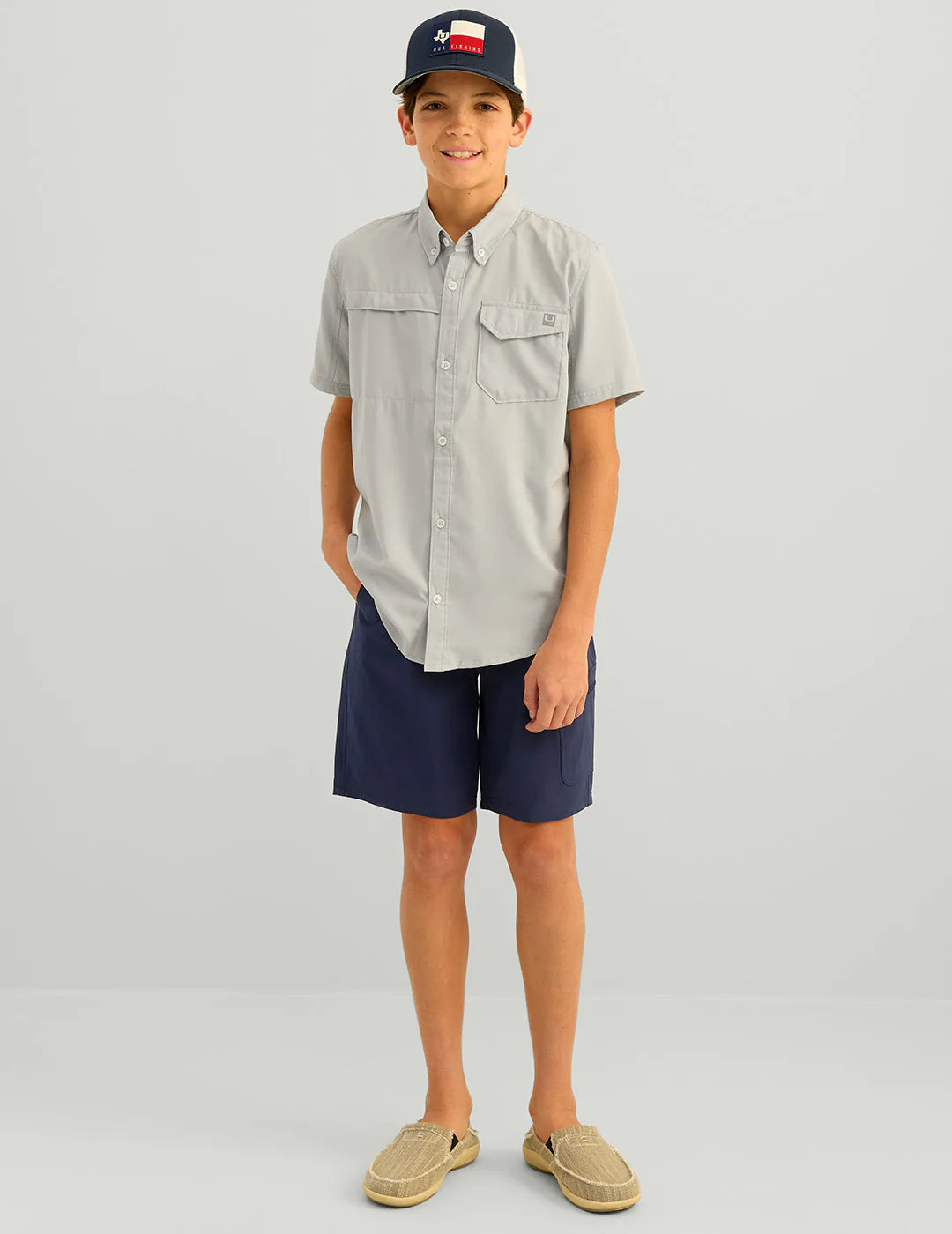 Huk Kids Tide Point Short Sleeve Button Down in Harbor Mist