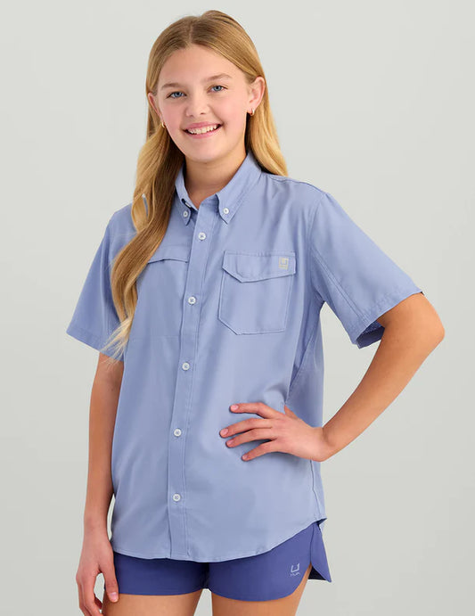 Huk Kids Tide Point Short Sleeve Button Down in Lightning Sky