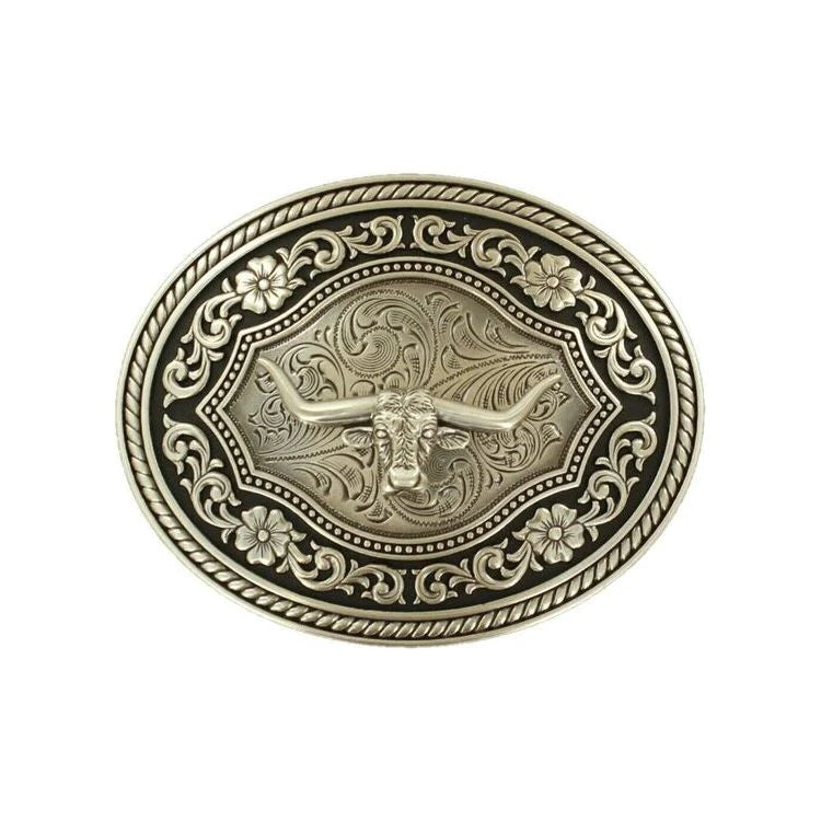 Decorative belt buckle with floral scrolling and bull design, on a white background