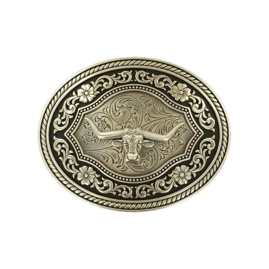 Decorative belt buckle with floral scrolling and bull design, on a white background
