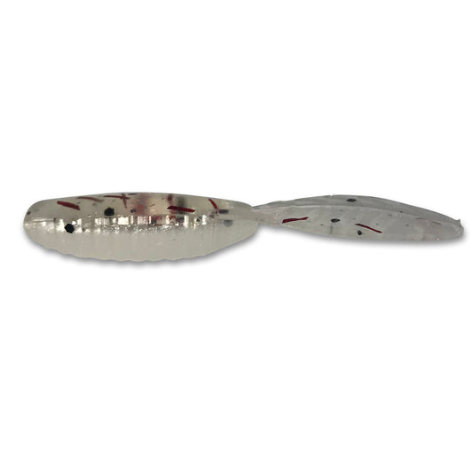 Fishing lure with a white and red pattern on a white background