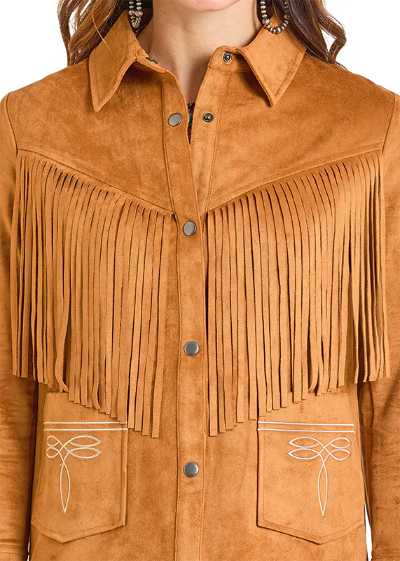 Panhandle Slim Camel Micro Suede Fringe Jacket with Boot Stitch Embroidery