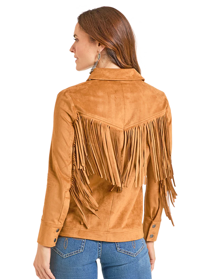 Panhandle Slim Camel Micro Suede Fringe Jacket with Boot Stitch Embroidery