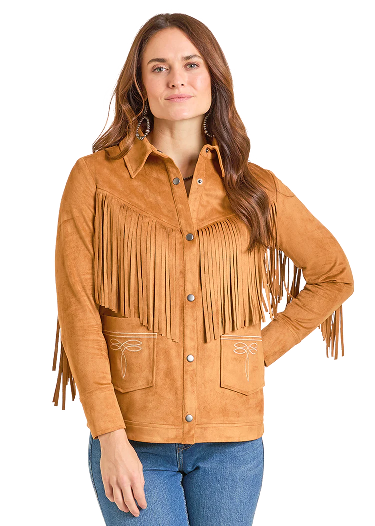 Panhandle Slim Camel Micro Suede Fringe Jacket with Boot Stitch Embroidery