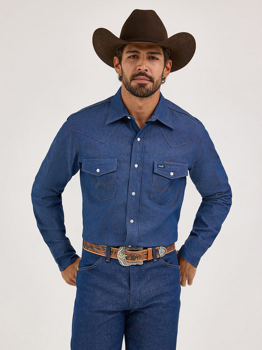 Wrangler Cowboy Cut® Firm Finish Western Snap Blue Work Shirt