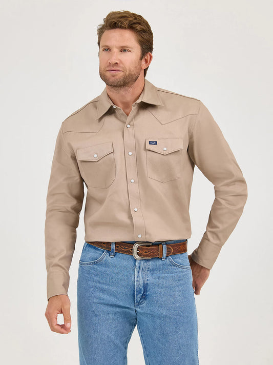 Wrangler Cowboy Cut Firm Finish Long Sleeve Work Shirt in Khaki