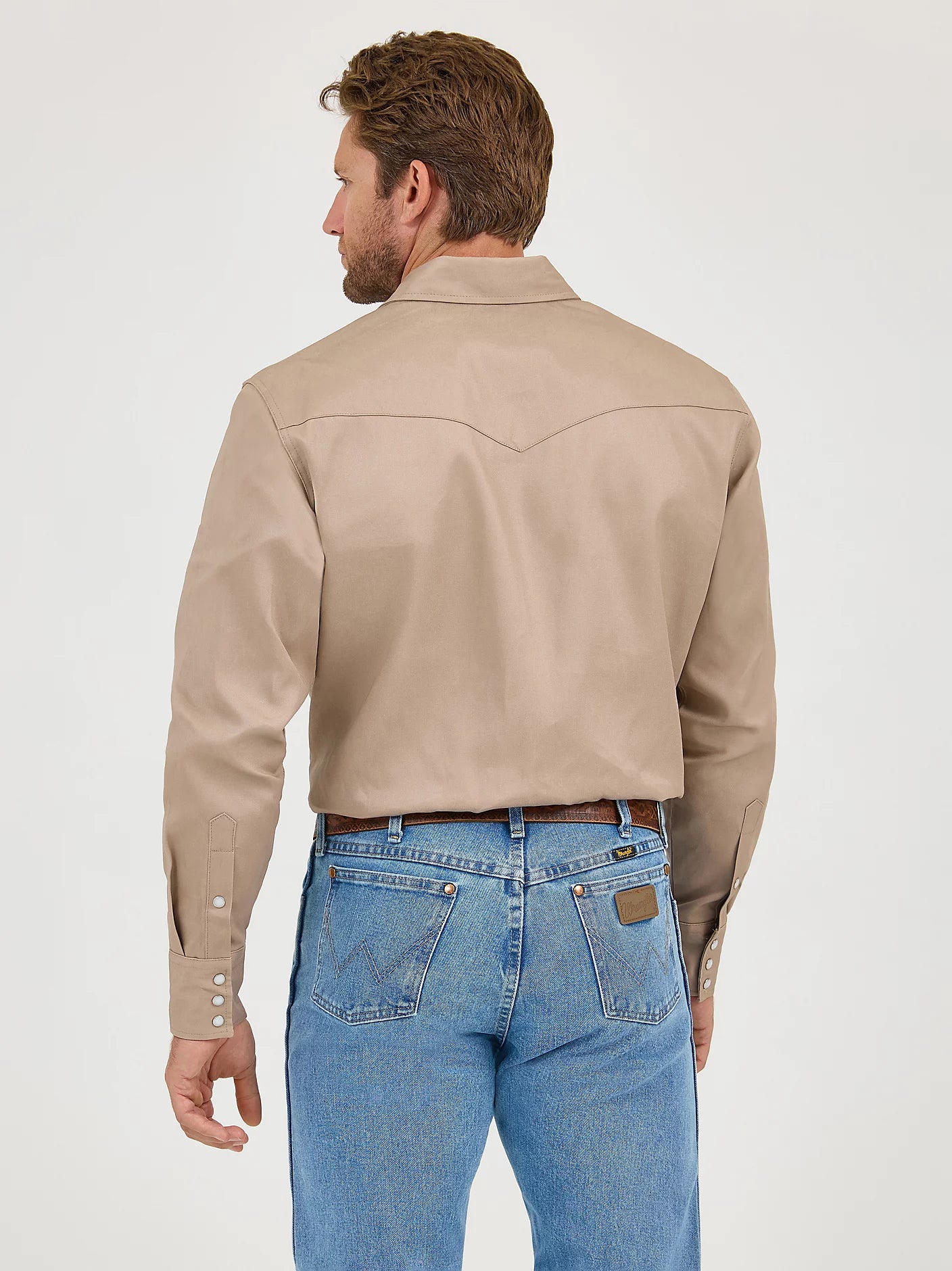 Wrangler Cowboy Cut Firm Finish Long Sleeve Work Shirt in Khaki
